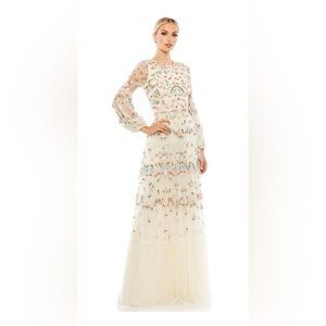 Mac Duggal Cream Tan Embellished Gown with Bishop Sleeves